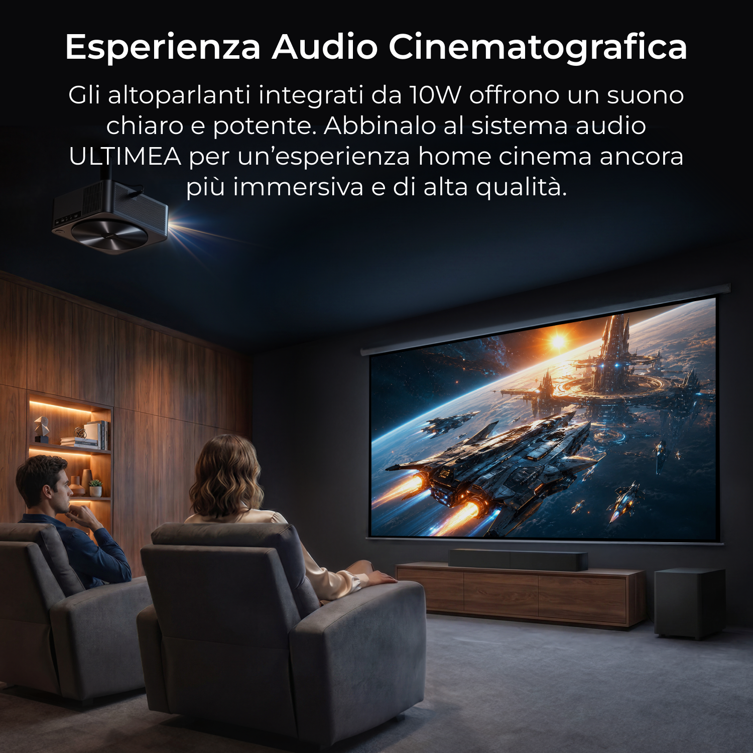Una coppia guarda una battaglia spaziale su un grande schermo in un home theater.