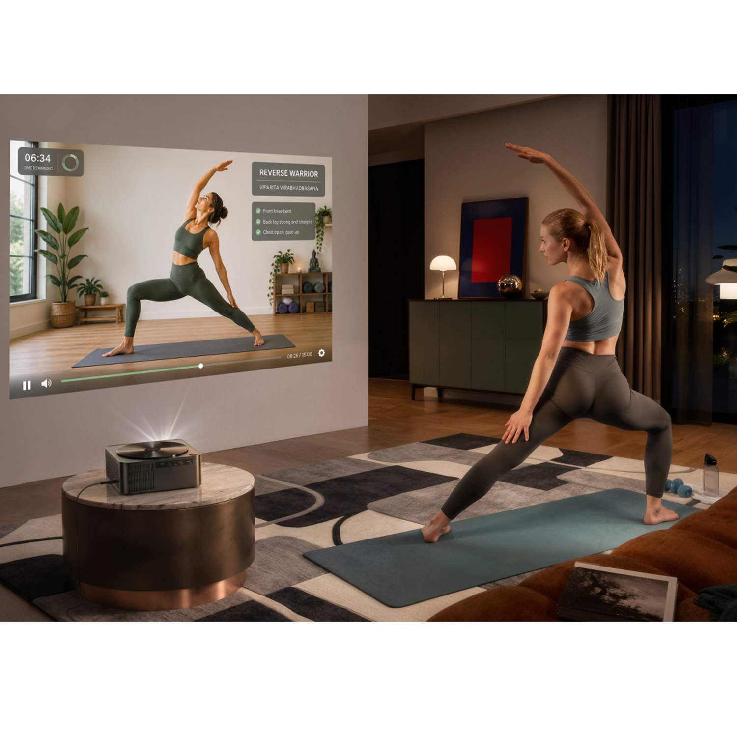 Donna pratica yoga a casa, posa yoga sullo schermo e una donna su un tappetino.