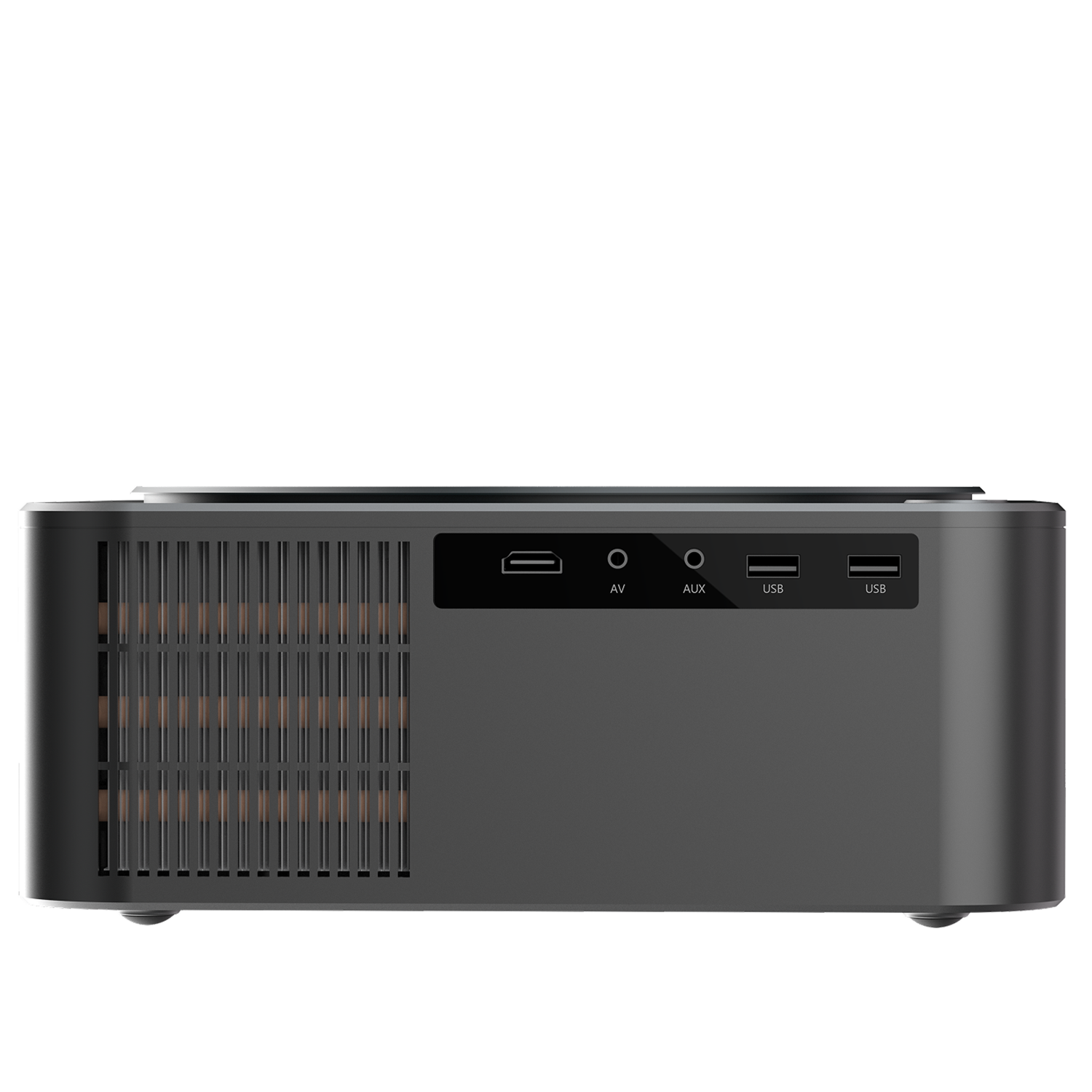 Ein grauer Projektor mit Lüftungsschlitzen und Anschlüssen wie AV, AUX und USB.