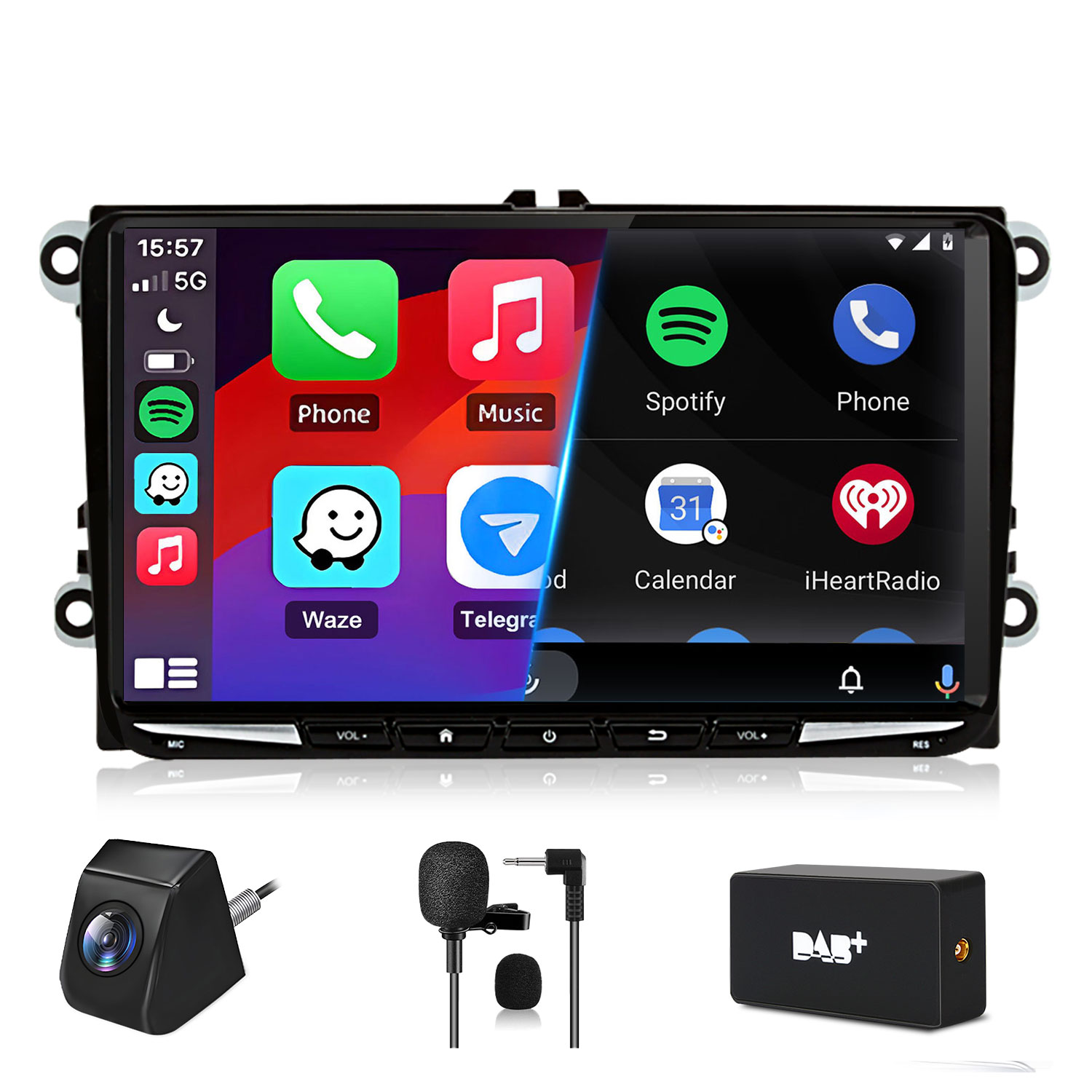 Schermo autoradio con app. Sotto: telecamera, microfono e box DAB+.