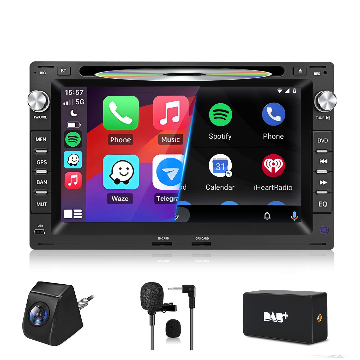 Autoradio con touchscreen, slot CD e accessori: telecamera, microfono, box DAB+.