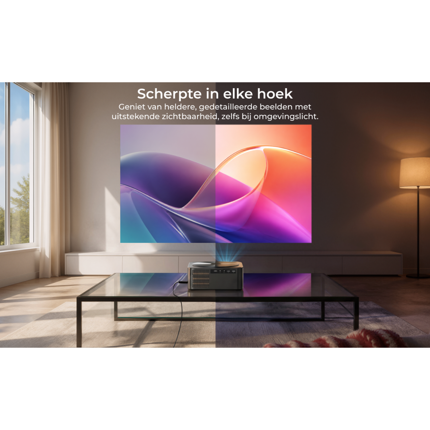 Un projecteur affiche une image vibrante sur un écran dans un salon.