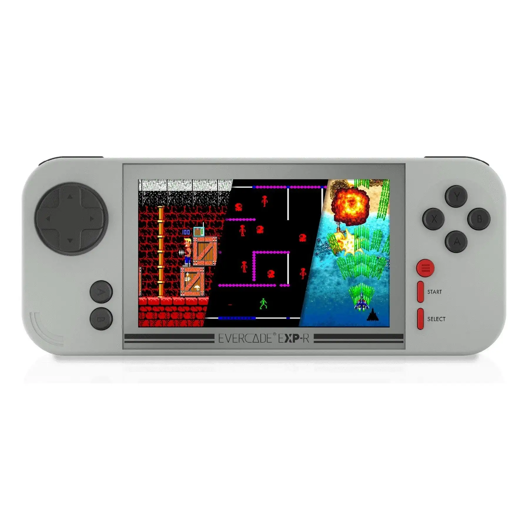 Un dispositivo portatile grigio che mostra tre diverse schermate di gioco.