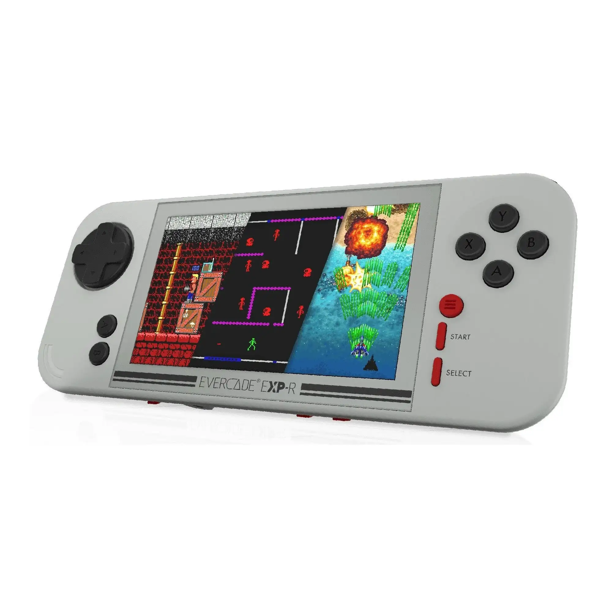 Un dispositivo portatile grigio con schermo di gioco e pulsanti.