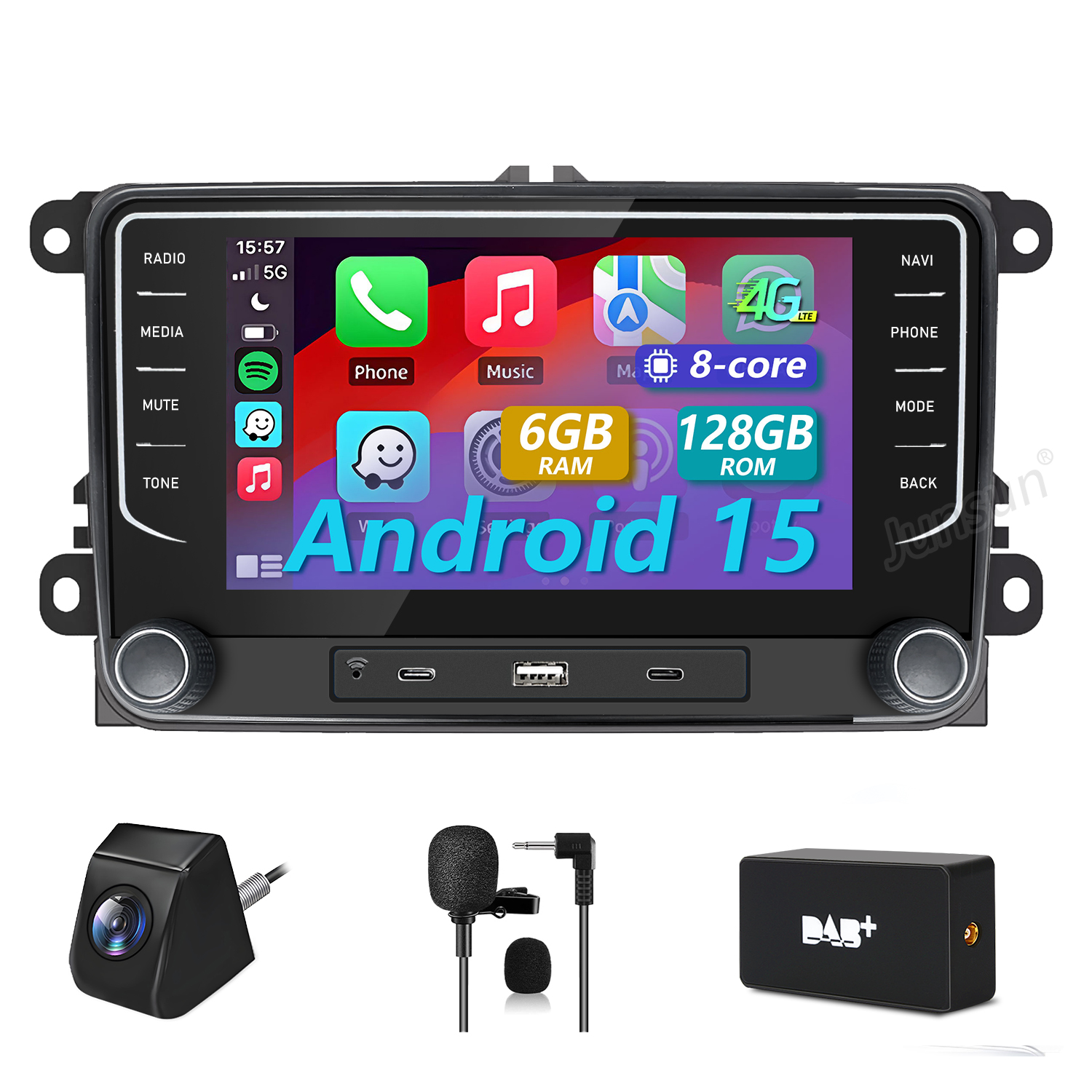 Ein Autoradio-Display mit Android 15, Kamera, Mikrofon und DAB+ Box.