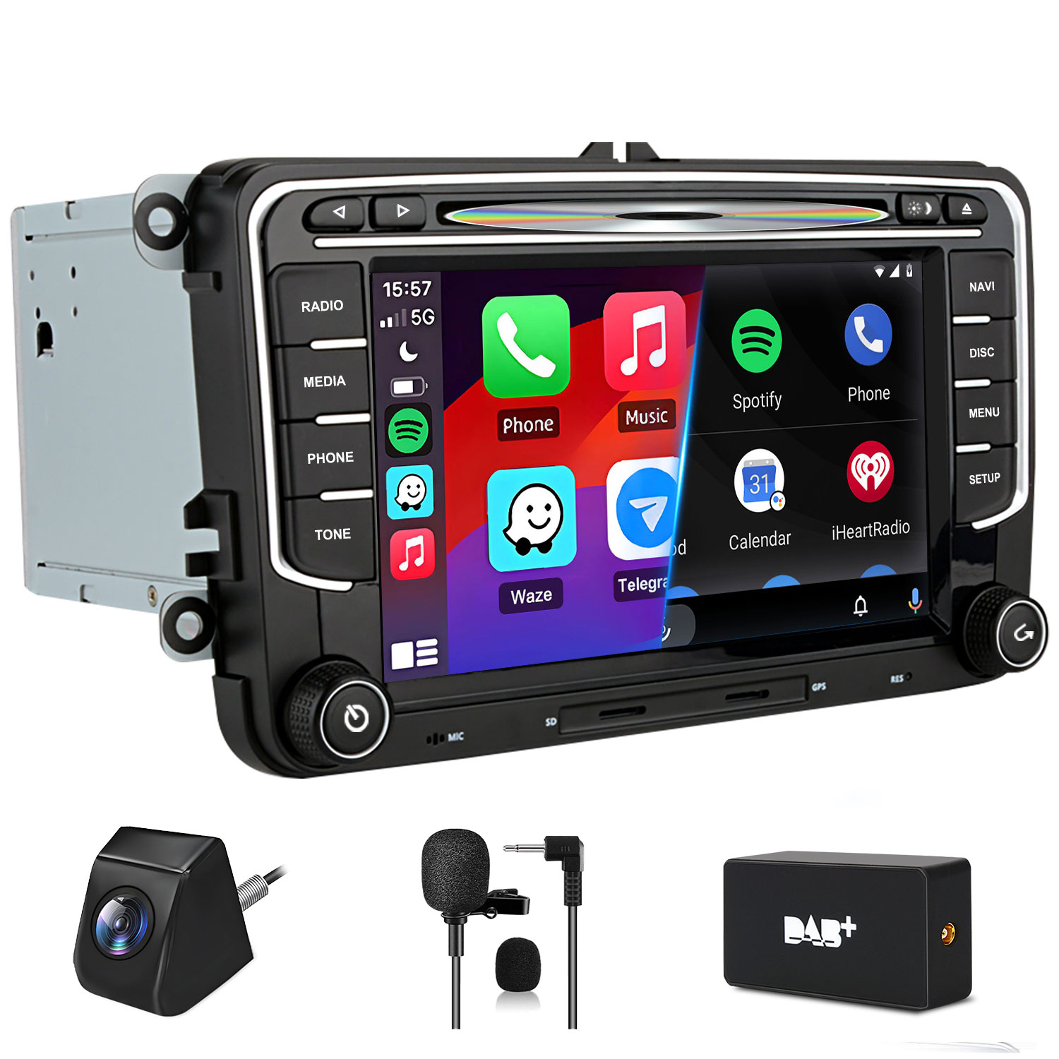 Autoradio mit Touchscreen und Zubehör: Kamera, Mikrofon, DAB+ Modul.
