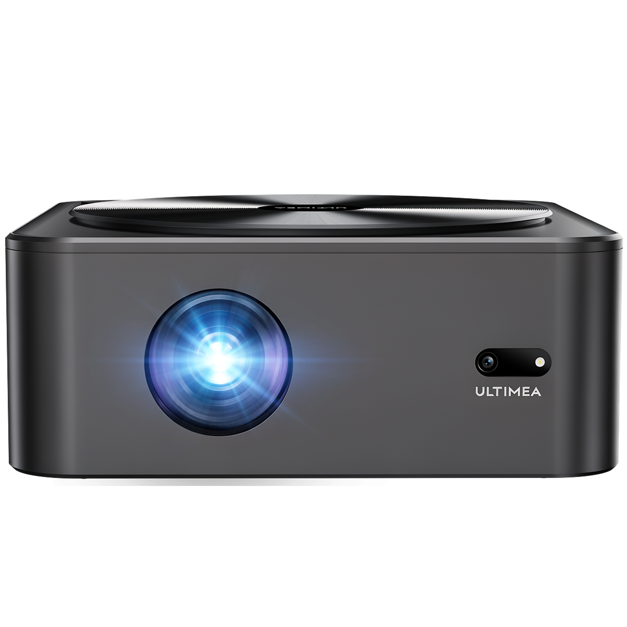 Un projecteur portable gris foncé avec une lumière bleue vive émanant de l'objectif.