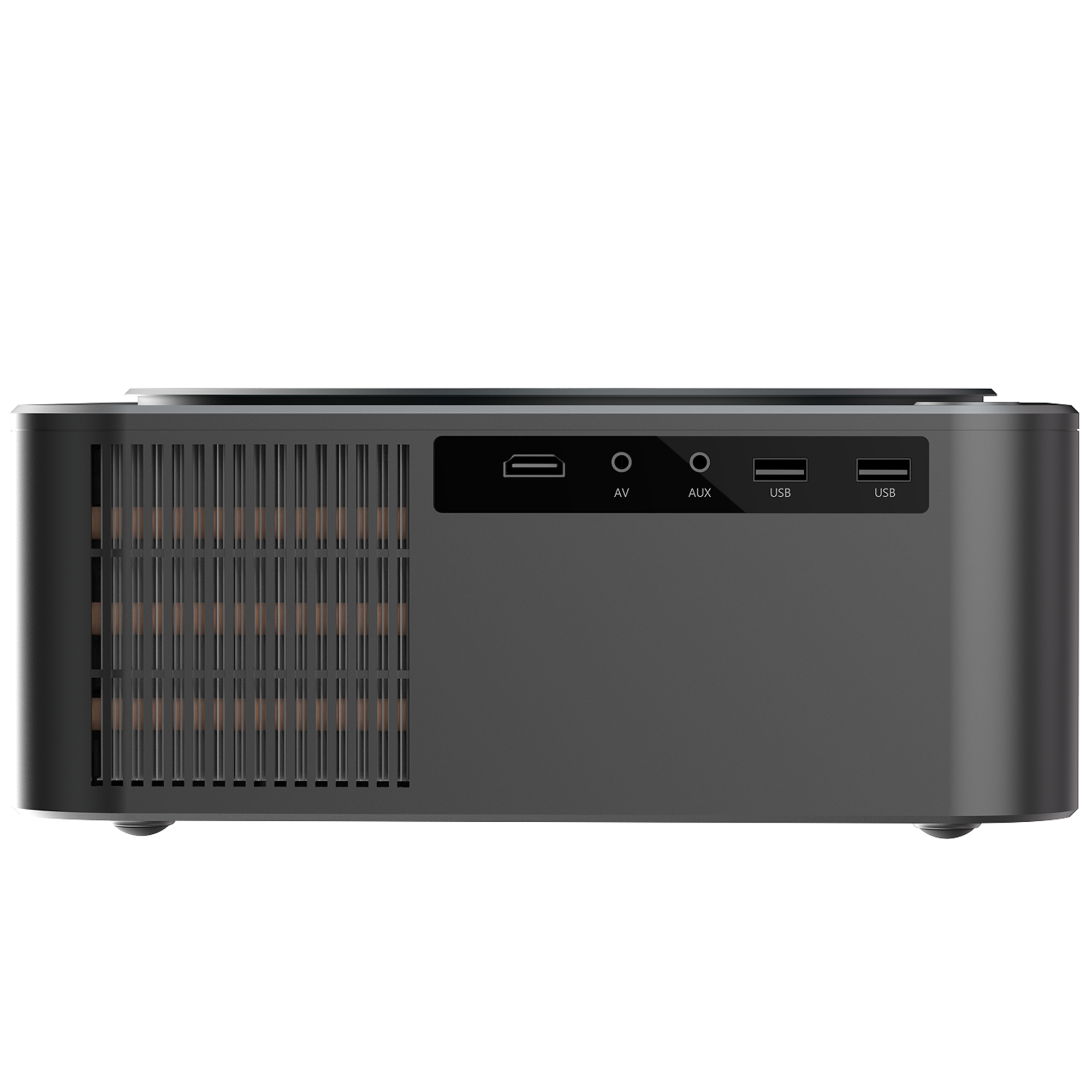 Un projecteur gris avec ports AV, AUX et deux ports USB sur le côté droit.