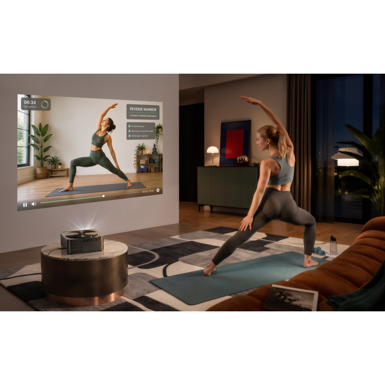 Une femme fait du yoga à la maison, guidée par un projecteur affichant des instructions.