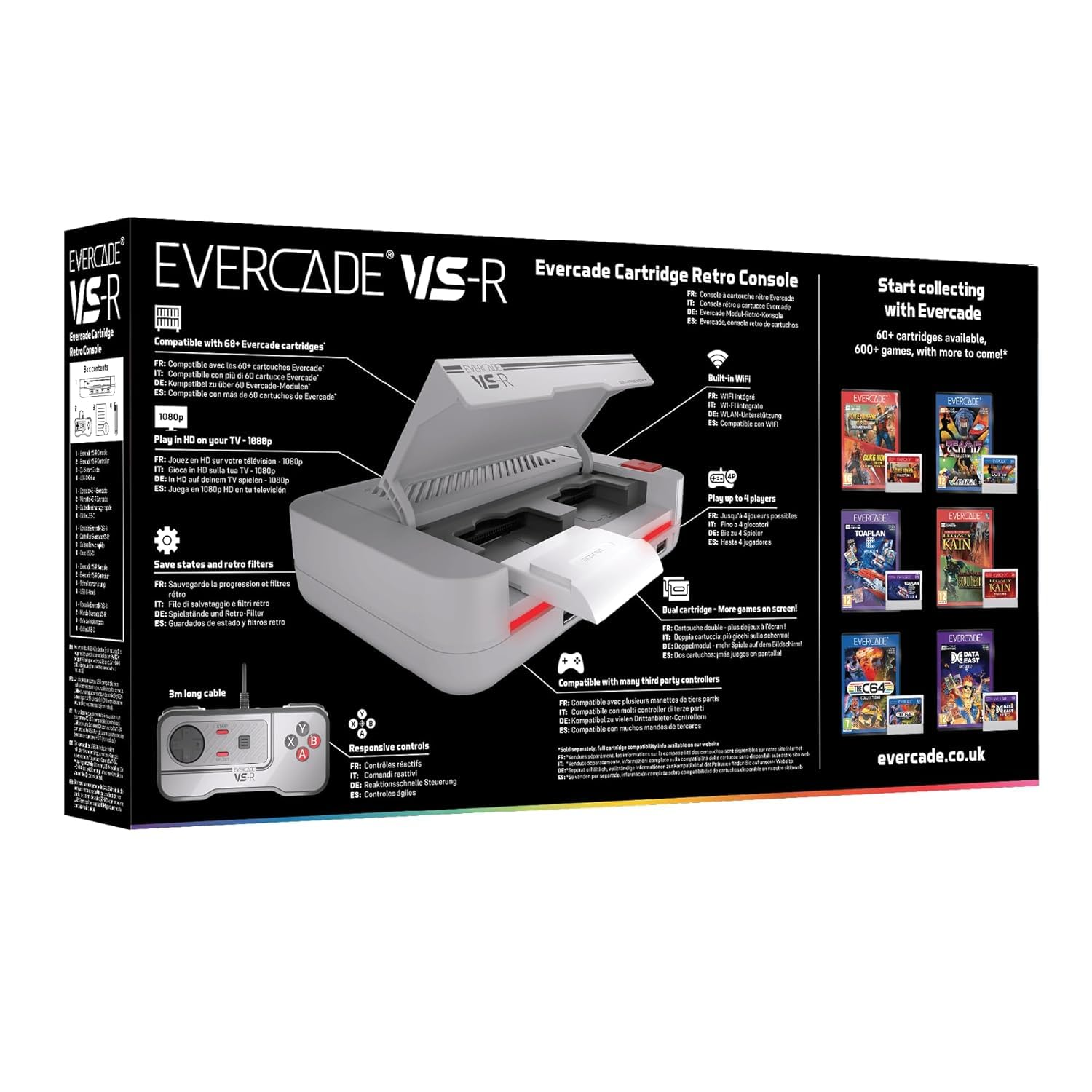 Consola retro Evercade VS-R con mando y cartuchos de juegos.