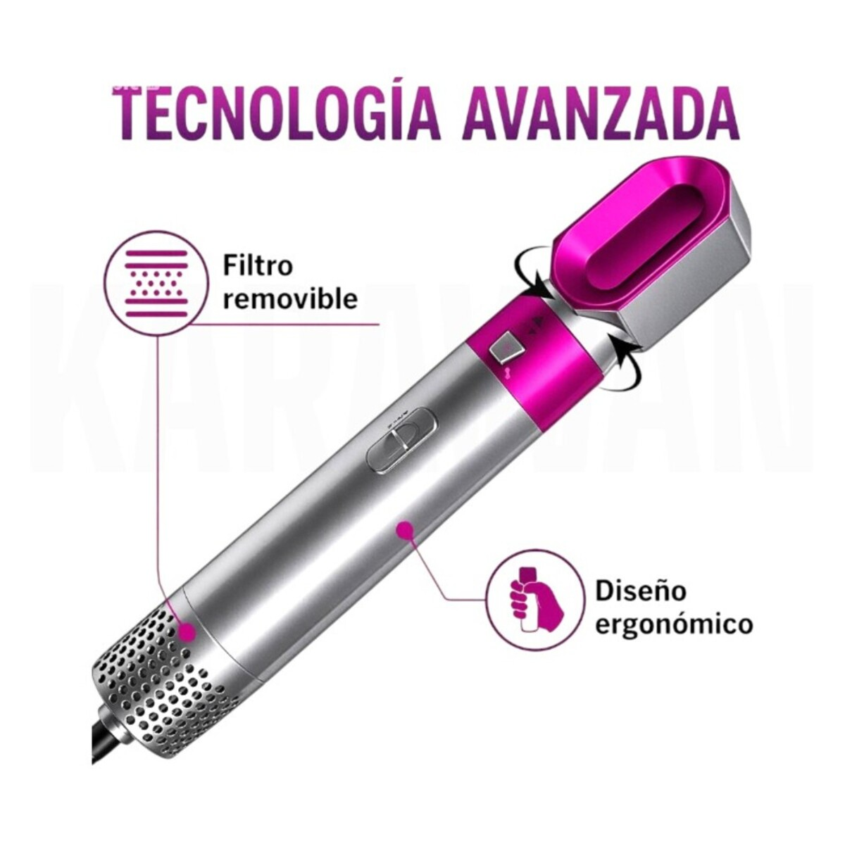 Un secador de pelo plateado y rosa con filtro extraíble y diseño ergonómico.