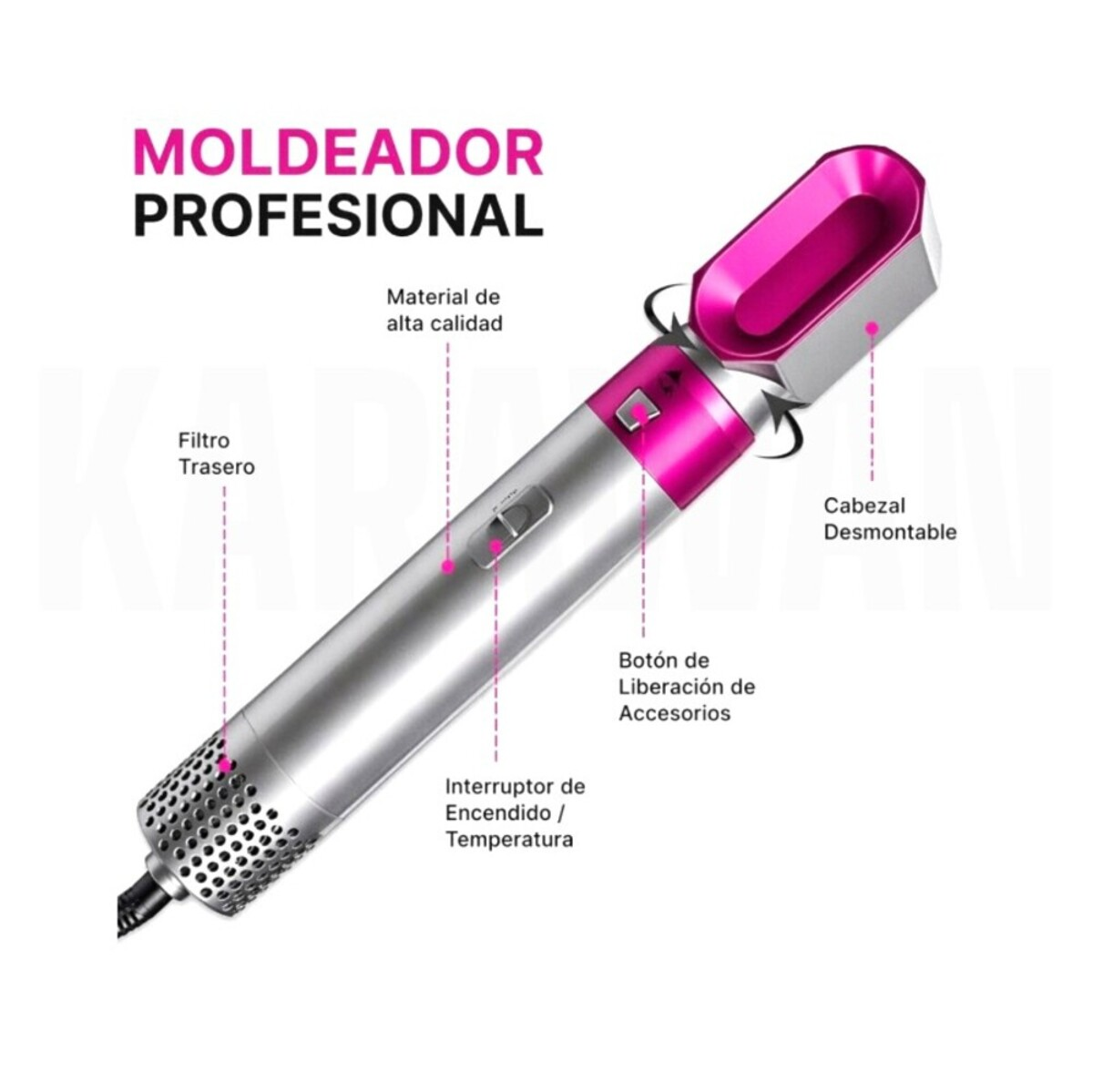 Plata moldeador de cabello con cabezal desmontable y detalles rosas.