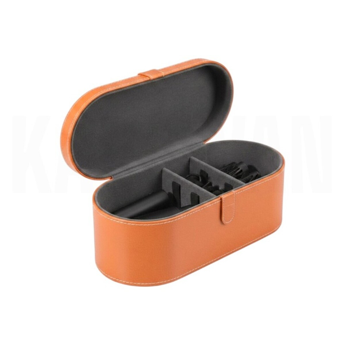 Estuche de cuero naranja con compartimentos para herramientas de cabello.