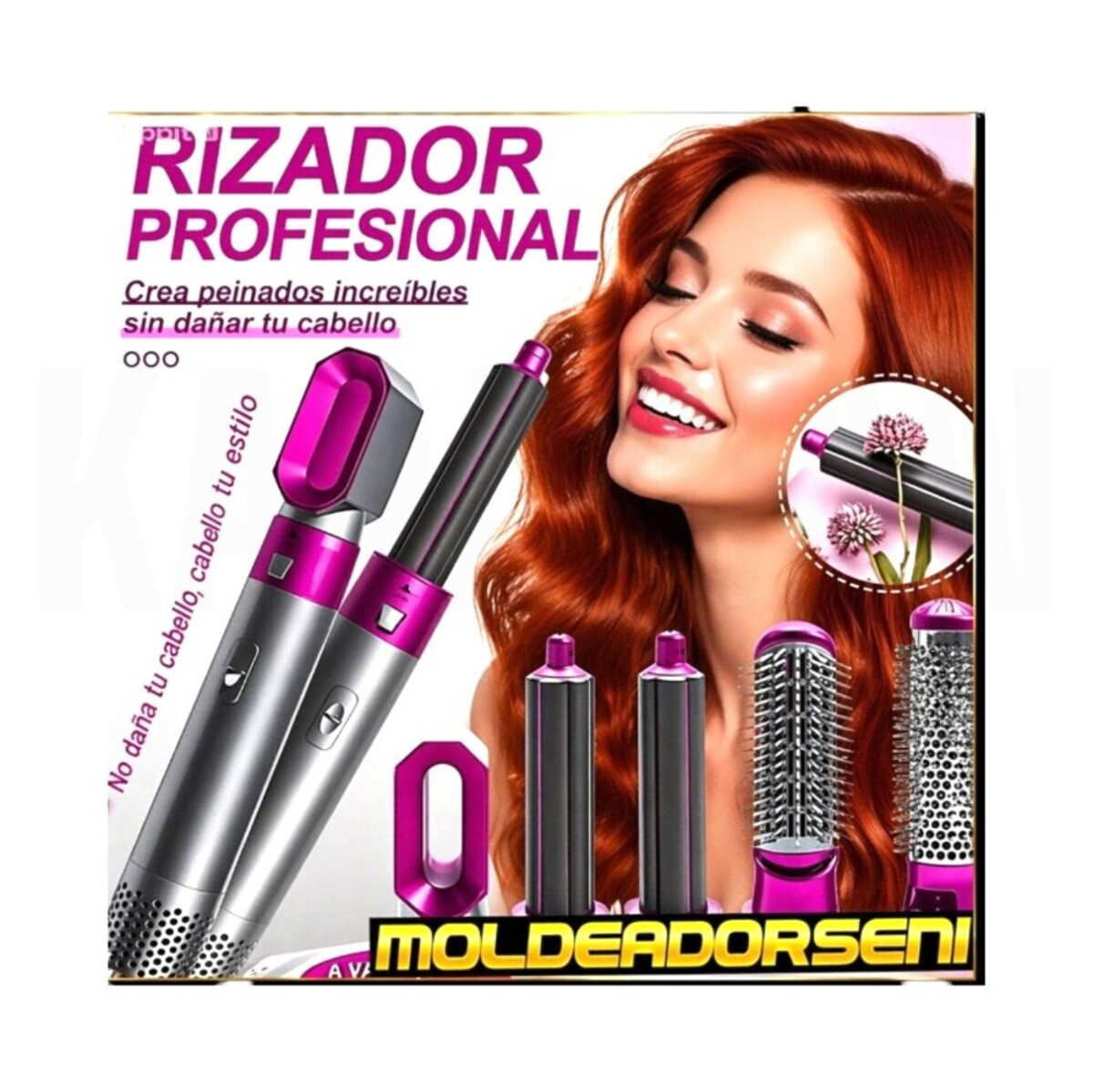 Modelo pelirroja sonriente muestra un rizador de pelo rosa y plateado con accesorios.