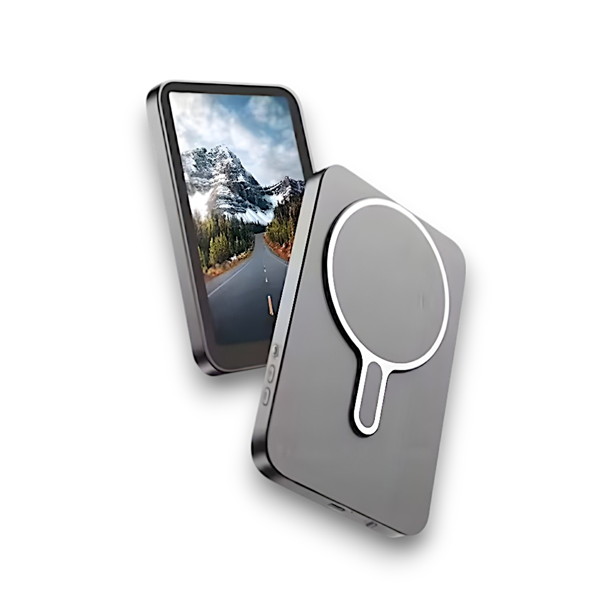 Un teléfono inteligente gris muestra una carretera a través de un bosque y montañas. Se adjunta un segundo dispositivo gris.