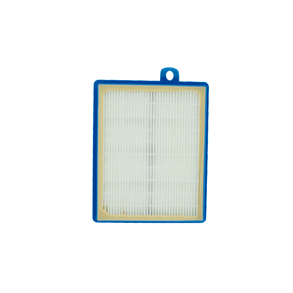 Un filtro HEPA rectangular con marco azul y medio plisado blanco.