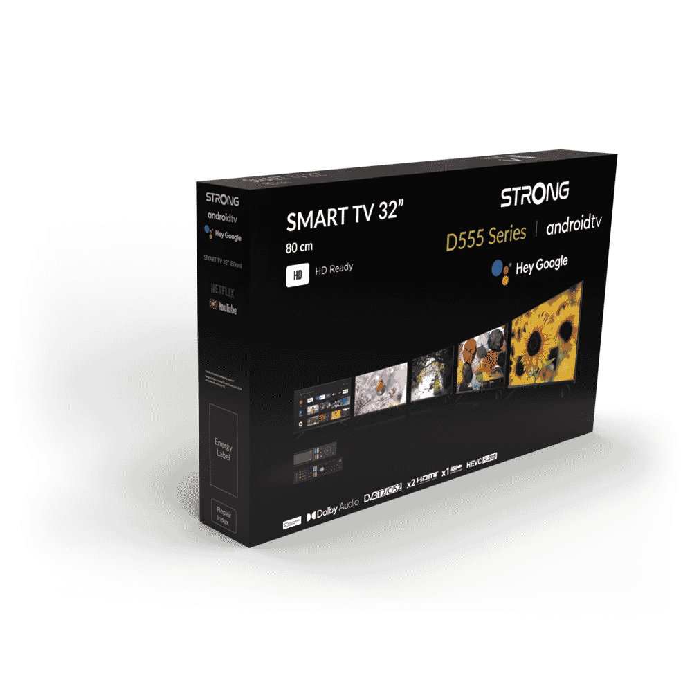 Embalaje de un Smart TV STRONG de 32 pulgadas con Android TV y Hey Google.