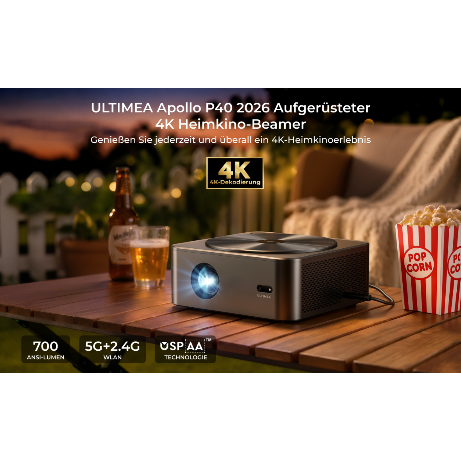 ULTIMEA Beamer auf Holztisch mit Bier, Popcorn und Lichterkette.