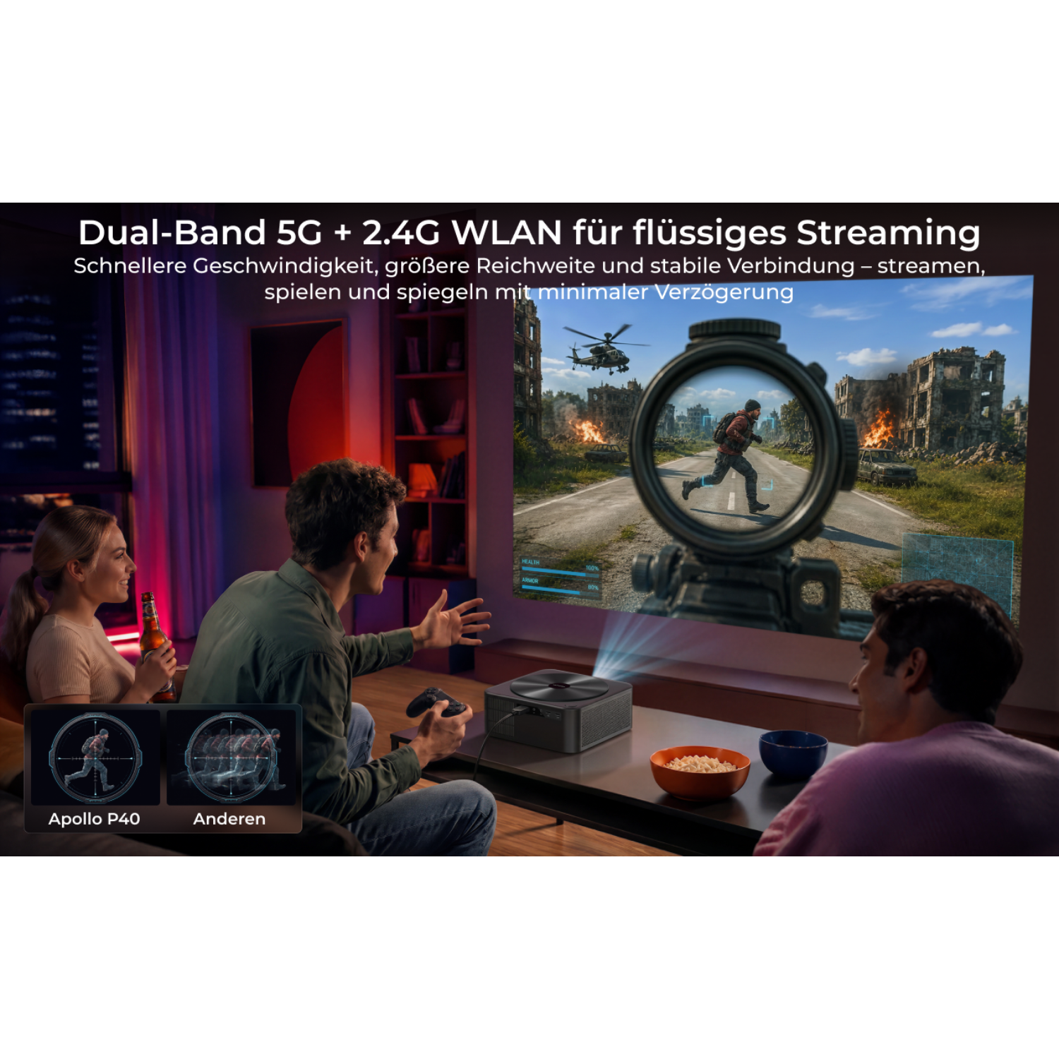 Menschen spielen Videospiel auf Projektor mit WLAN-Werbung