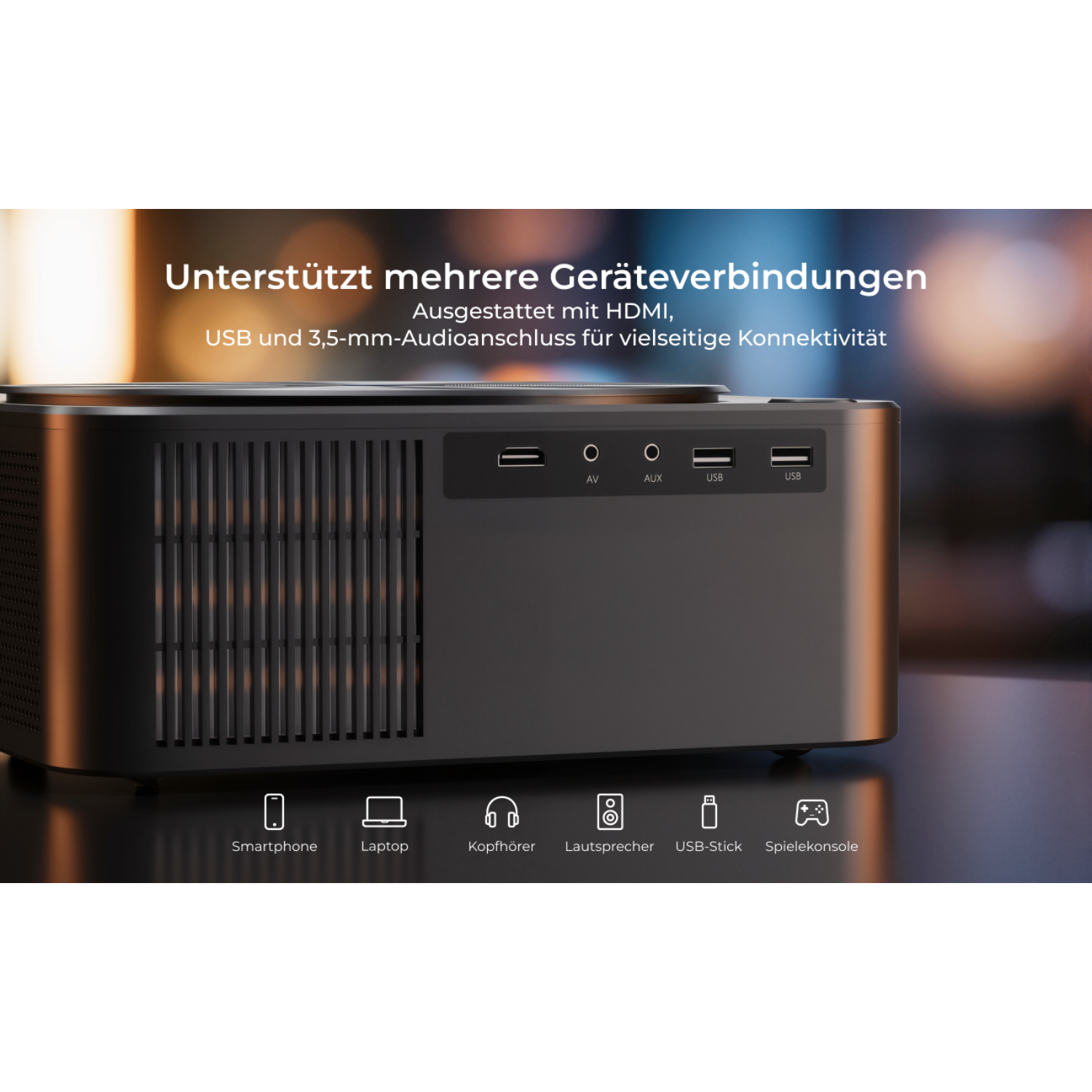 Schwarzer Projektor mit Anschlüssen und Symbolen für Smartphone, Laptop, Kopfhörer.