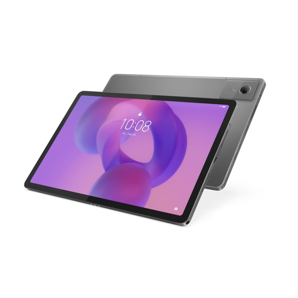 Szary tablet wyświetla kolorowe tło; leży na innym tablecie.
