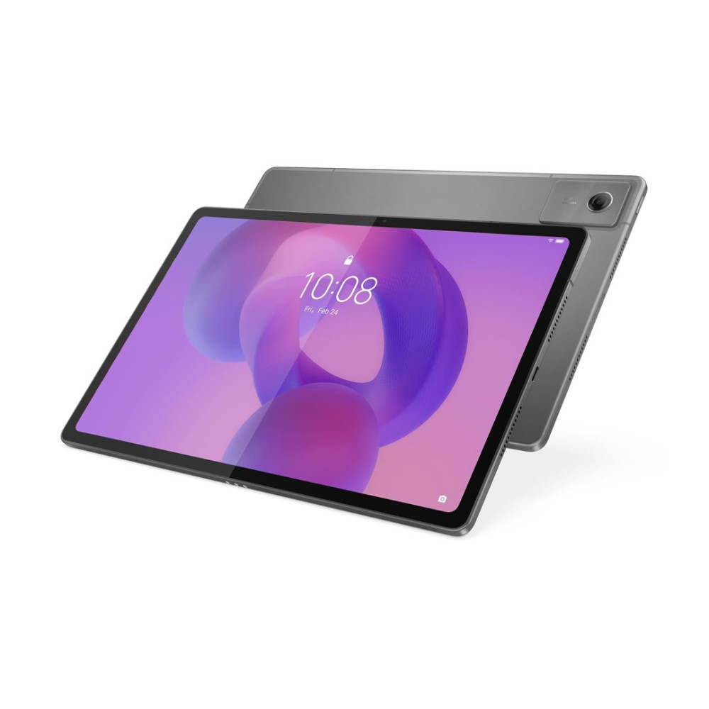 Szary tablet z fioletową tapetą i godziną 10:08.
