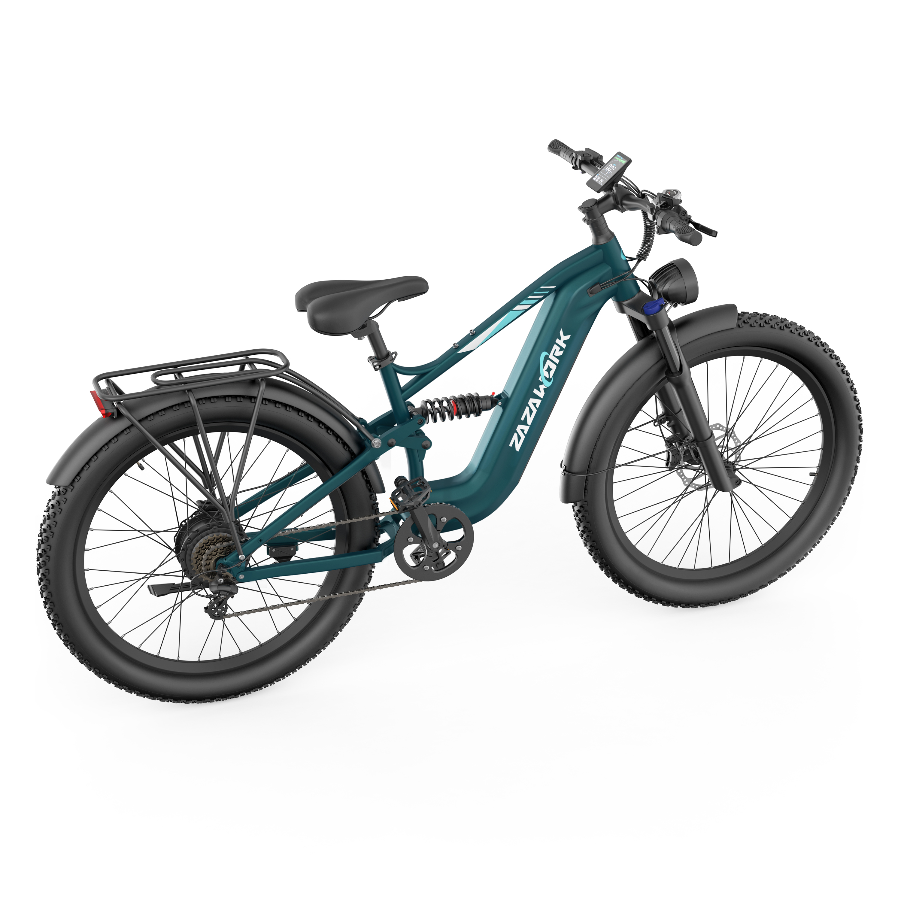 Turkusowy rower elektryczny fatbike z amortyzacją, bagażnikiem i światłami.