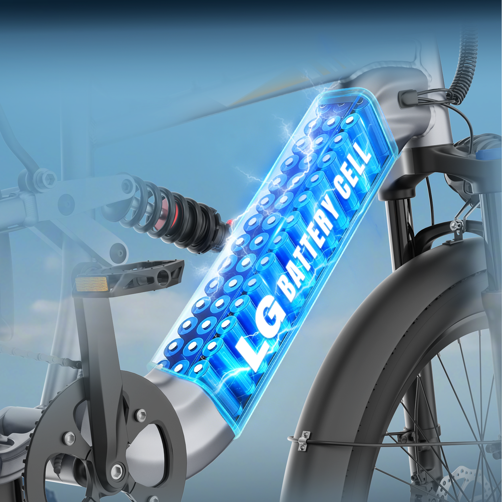 Bateria roweru elektrycznego z wieloma niebieskimi ogniwami, amortyzatorem i pedałami.