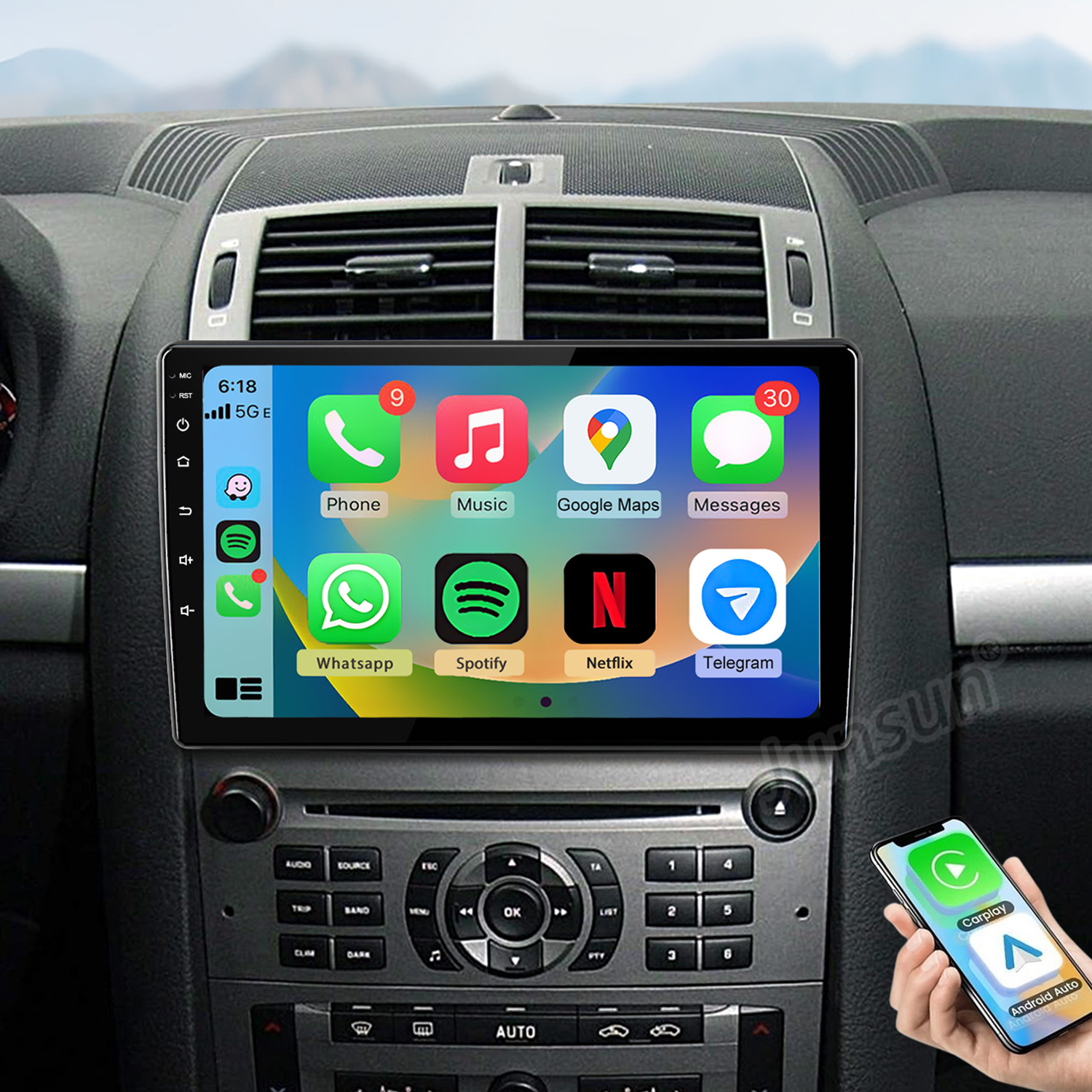 Un sistema de infoentretenimiento para automóvil que muestra iconos de aplicaciones.
