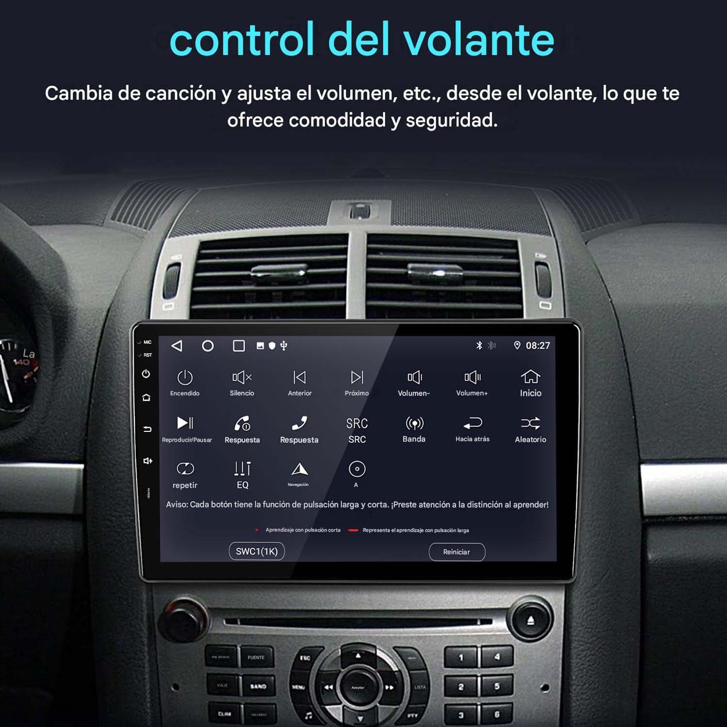 La pantalla de un estéreo de coche muestra opciones de control del volante.
