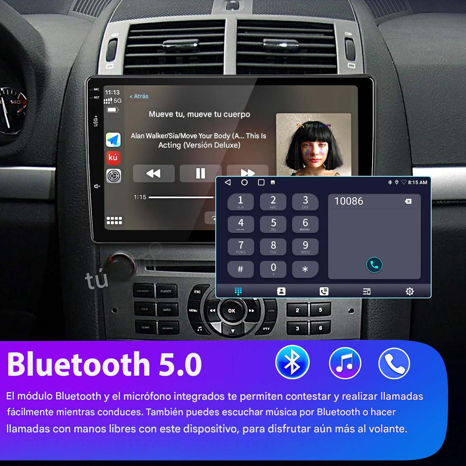 Pantalla de autorradio con música y teclado. Texto Bluetooth 5.0 abajo.