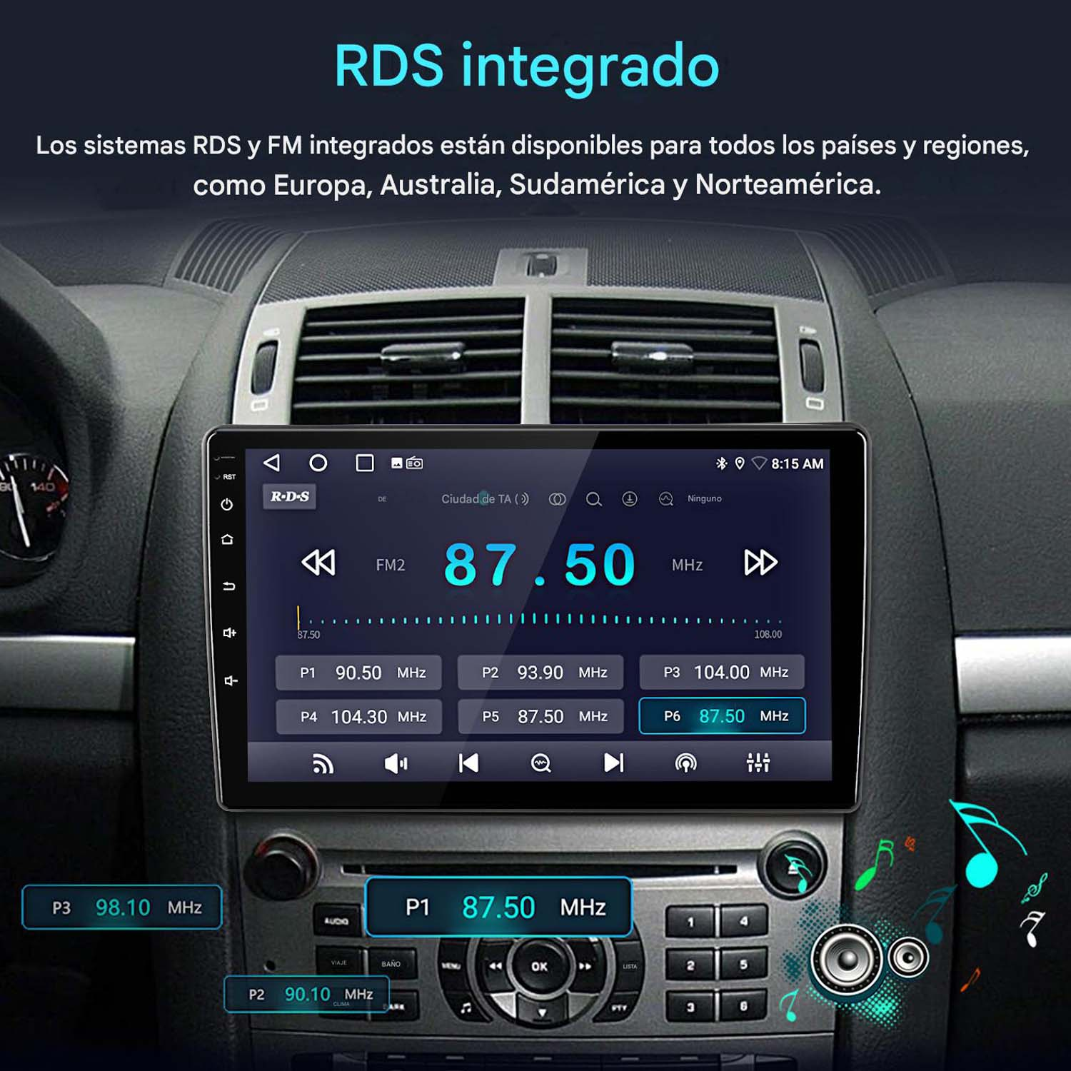 Pantalla de autorradio muestra FM2 a 87.50 MHz con emisoras preestablecidas.