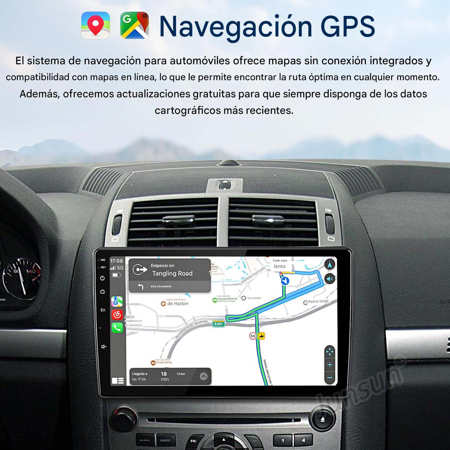La pantalla de navegación GPS de un coche muestra un mapa con guía de ruta e información de tráfico.