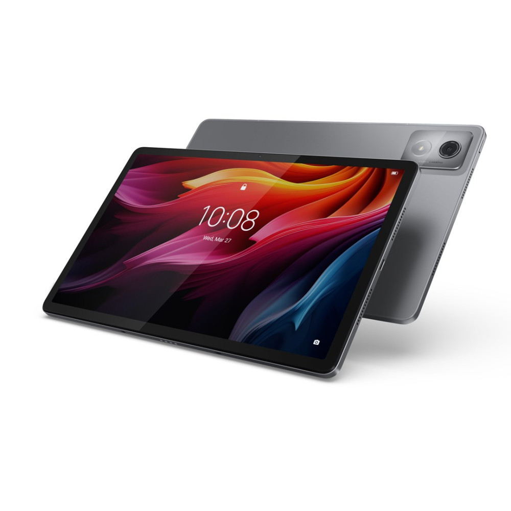 Szary tablet wyświetla kolorową tapetę z godziną 10:08.