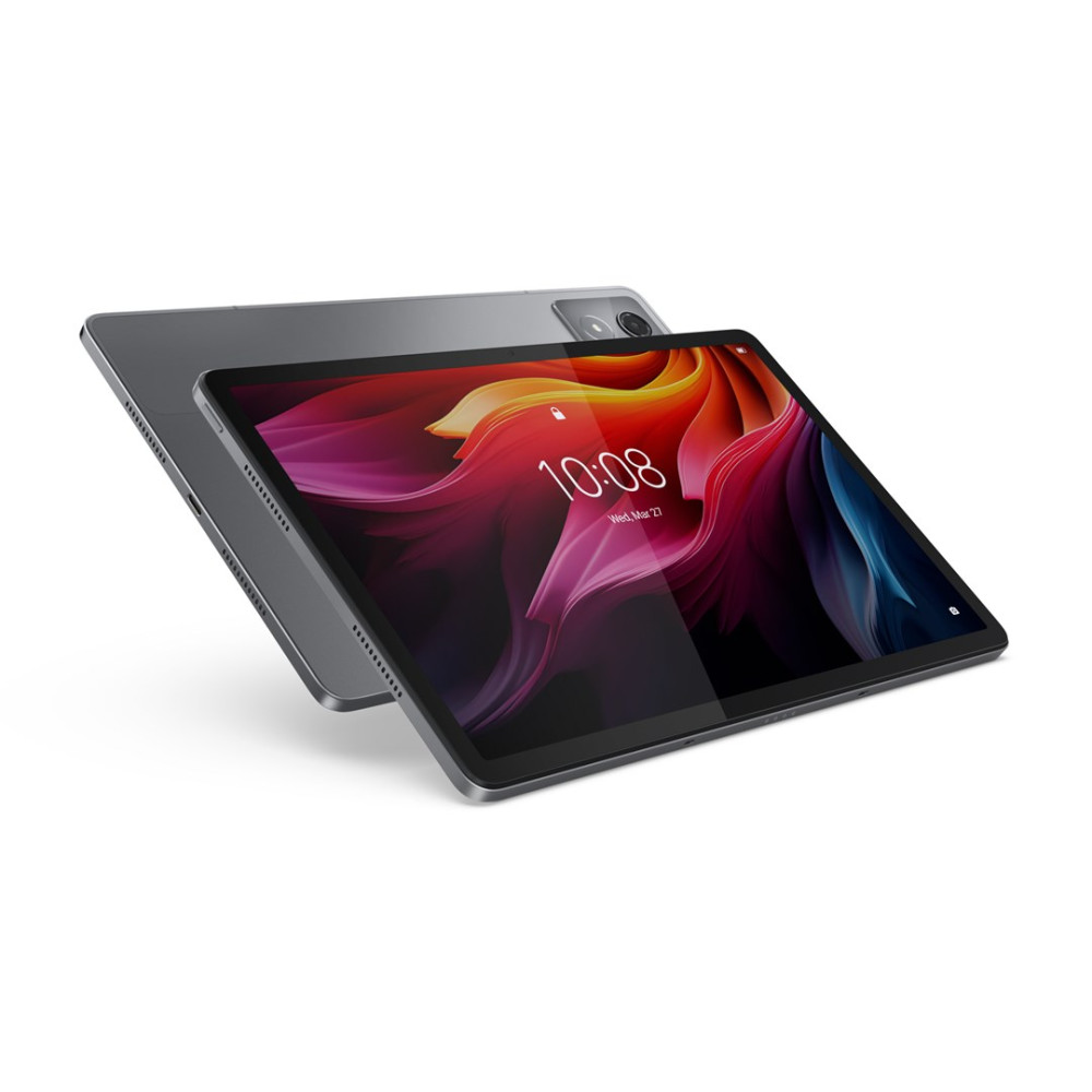 Szary tablet z kolorową tapetą wyświetlającą 10:08.