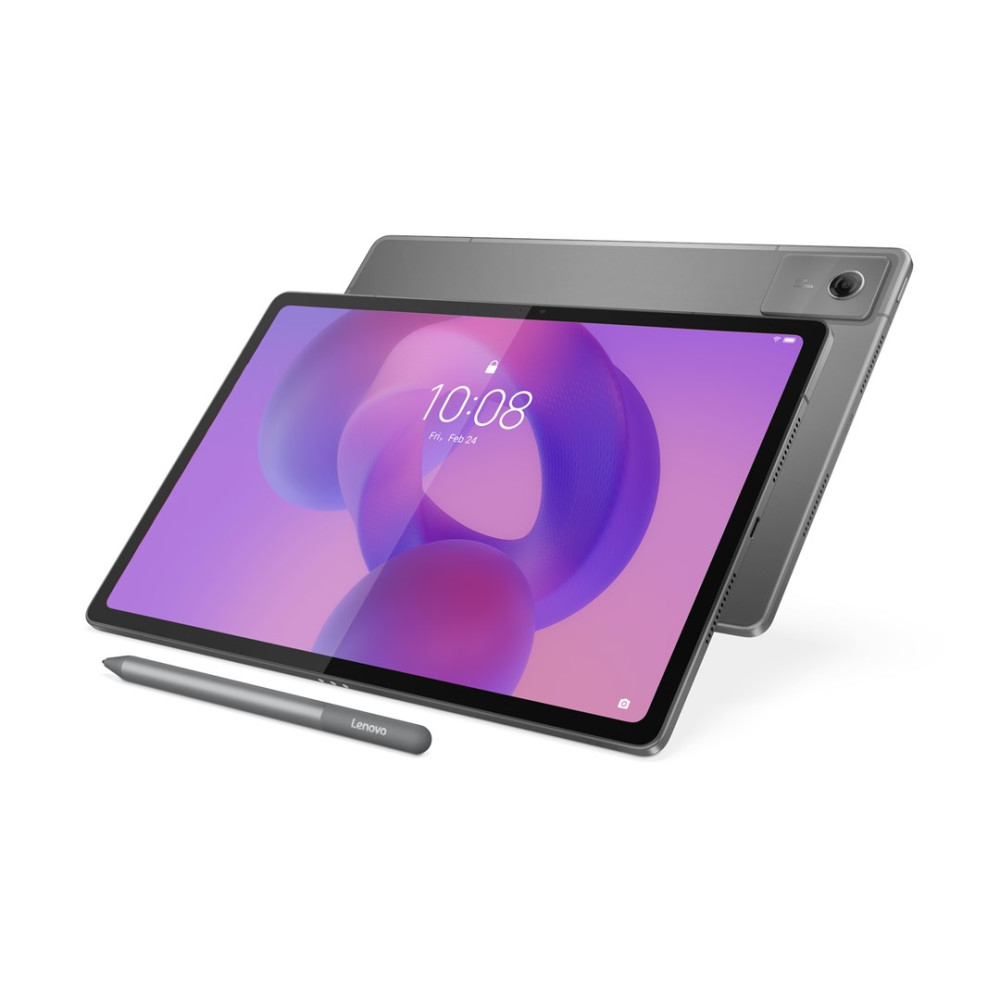 Szary tablet Lenovo z rysikiem na ekranie, godzina 10:08.