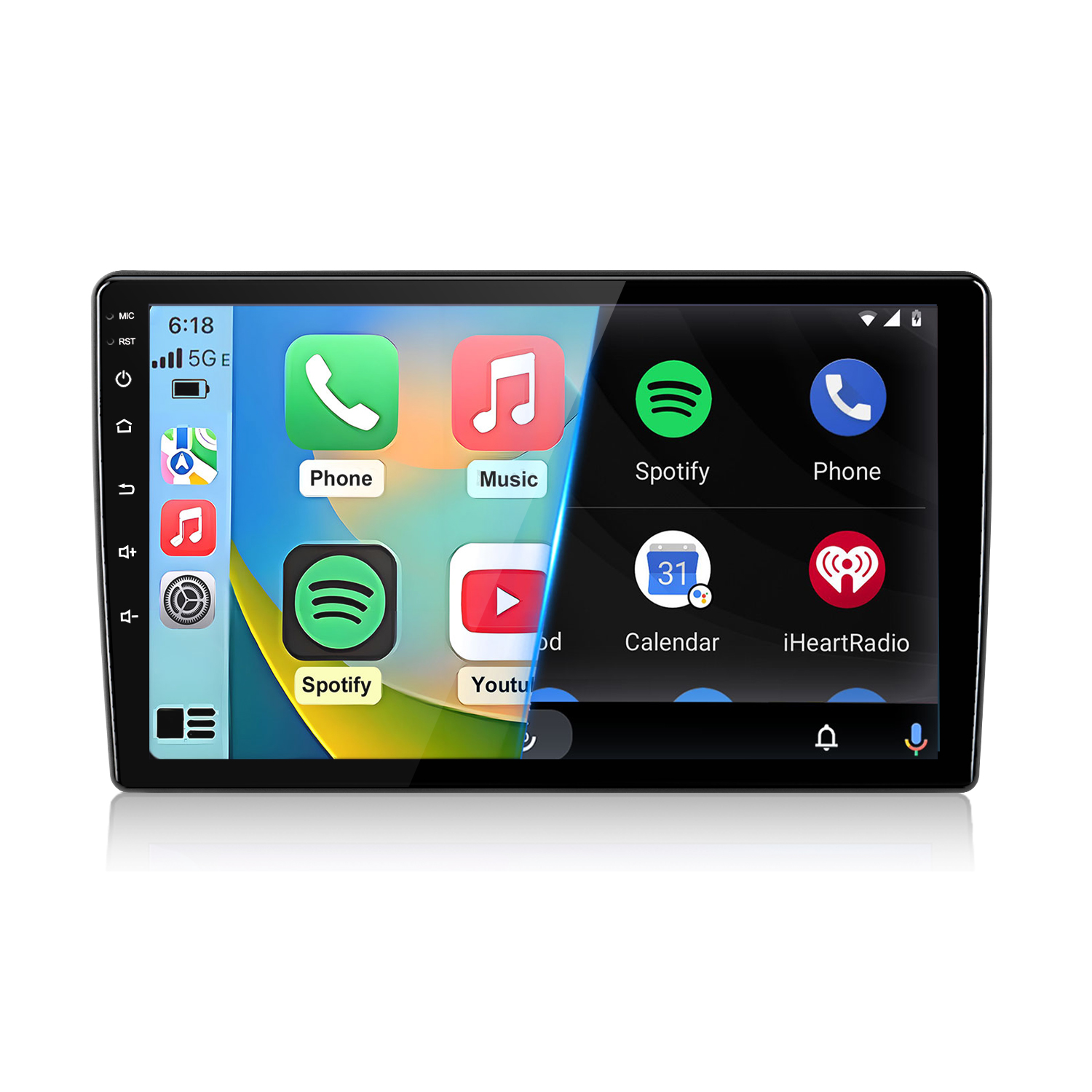 Pantalla de radio de coche con iconos de aplicaciones: Teléfono, Música, Spotify, Calendario.