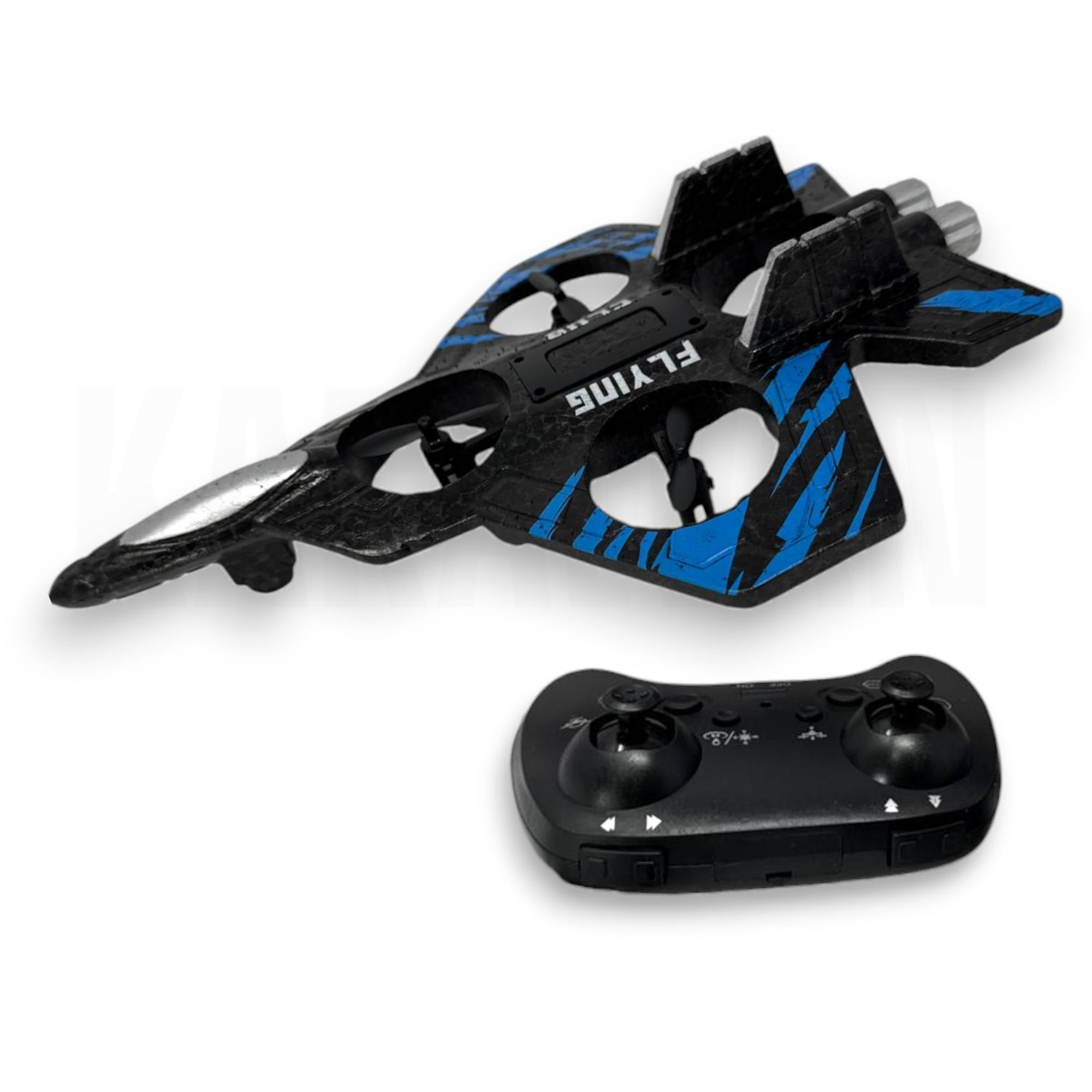Un dron negro con forma de jet y detalles azules, y un control remoto negro.