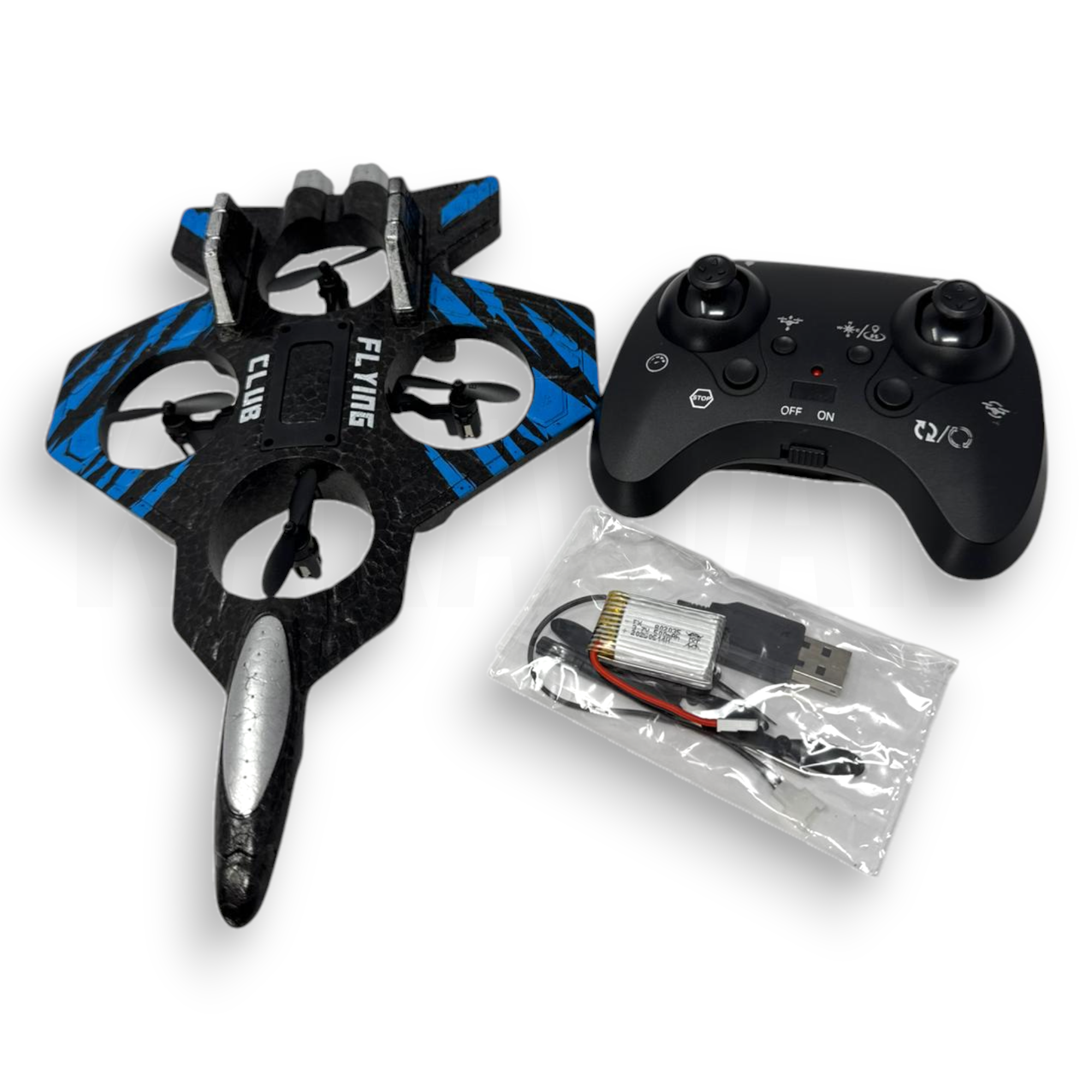 Un miniquadricóptero negro y azul con control remoto y paquete de baterías.