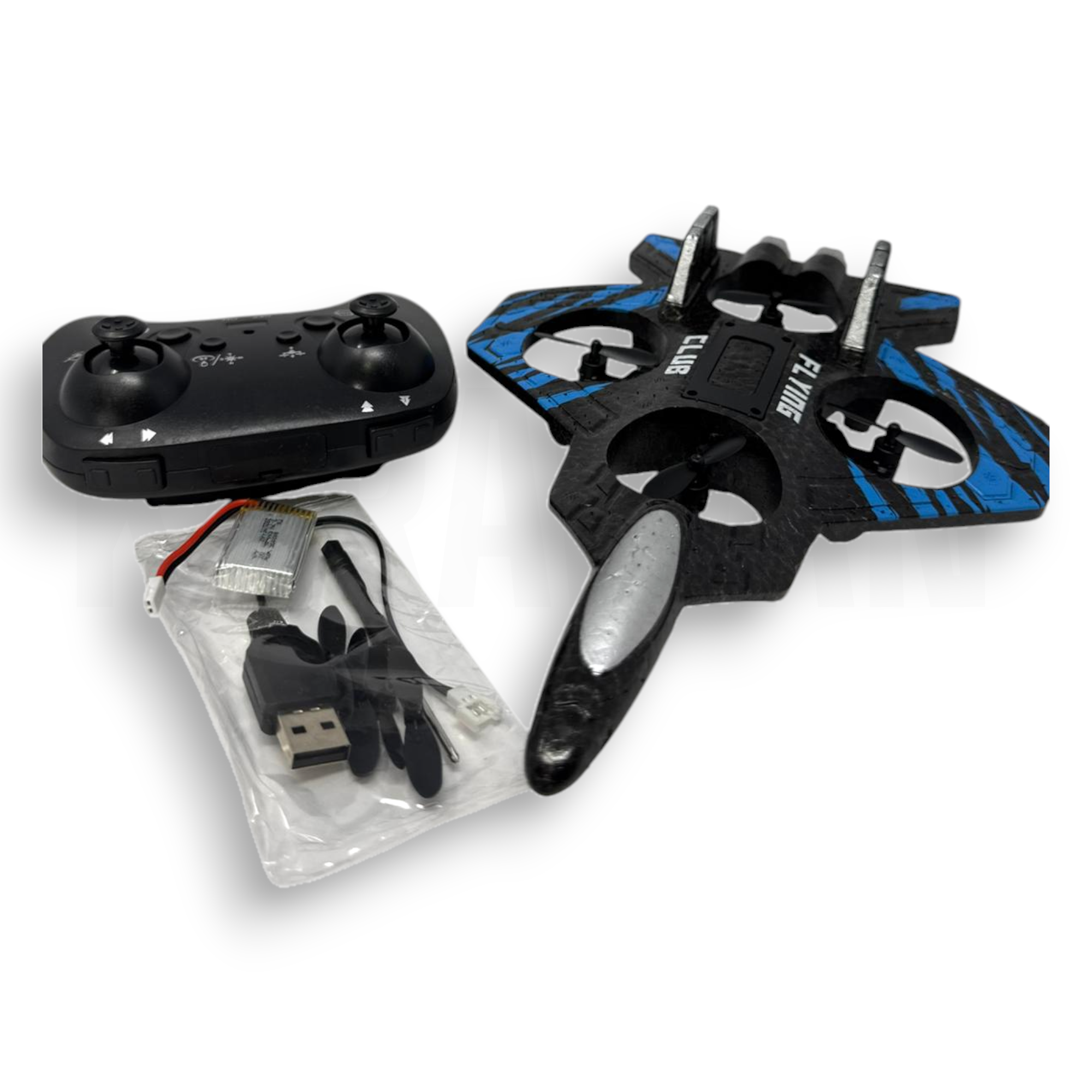 Un dron negro y azul, mando y cable de carga USB con batería.
