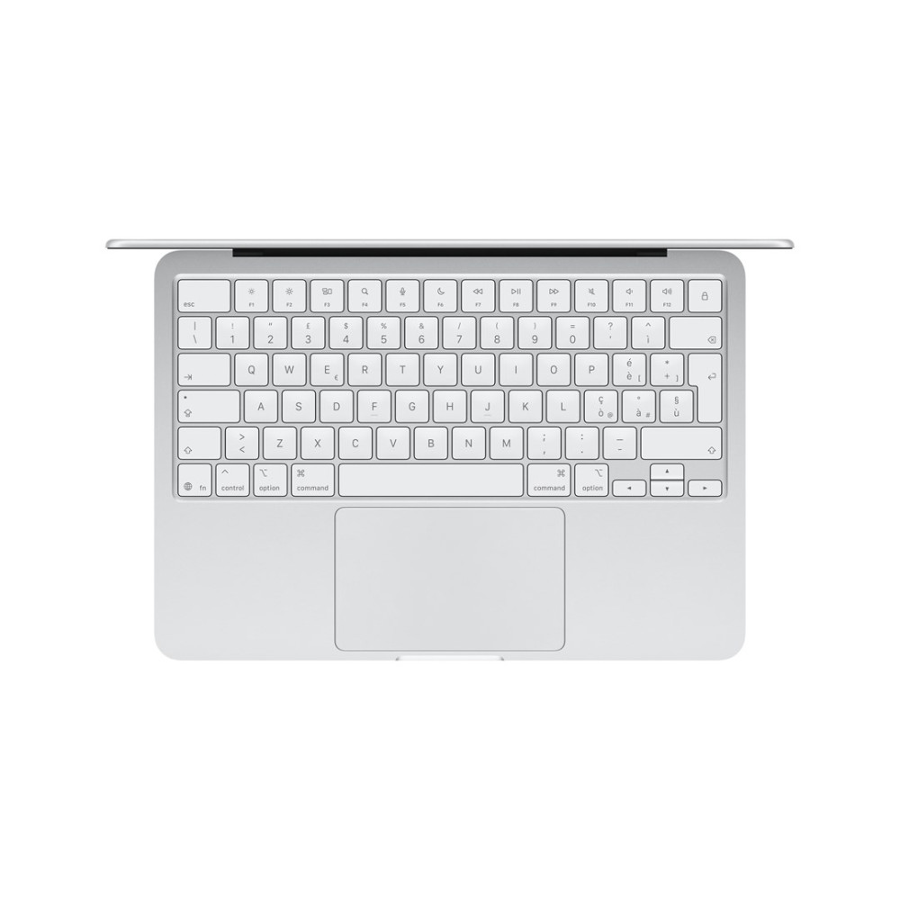 Ein silbernes Laptop-Keyboard mit Touchpad, aus der Vogelperspektive.