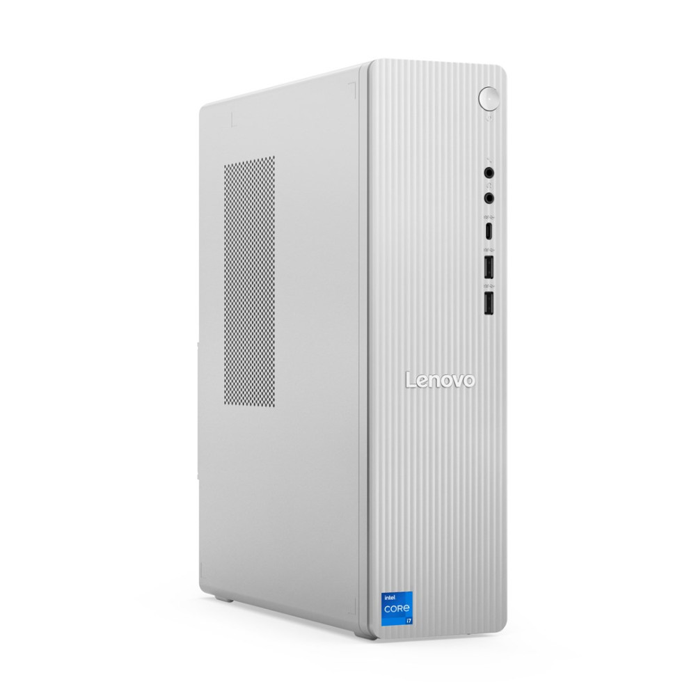 Smukły, biały komputer stacjonarny Lenovo z otworami wentylacyjnymi i logo Intel Core i7.