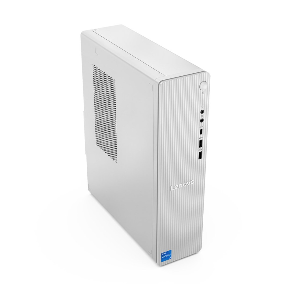 Biały komputer stacjonarny Lenovo z naklejką Intel Core i7.