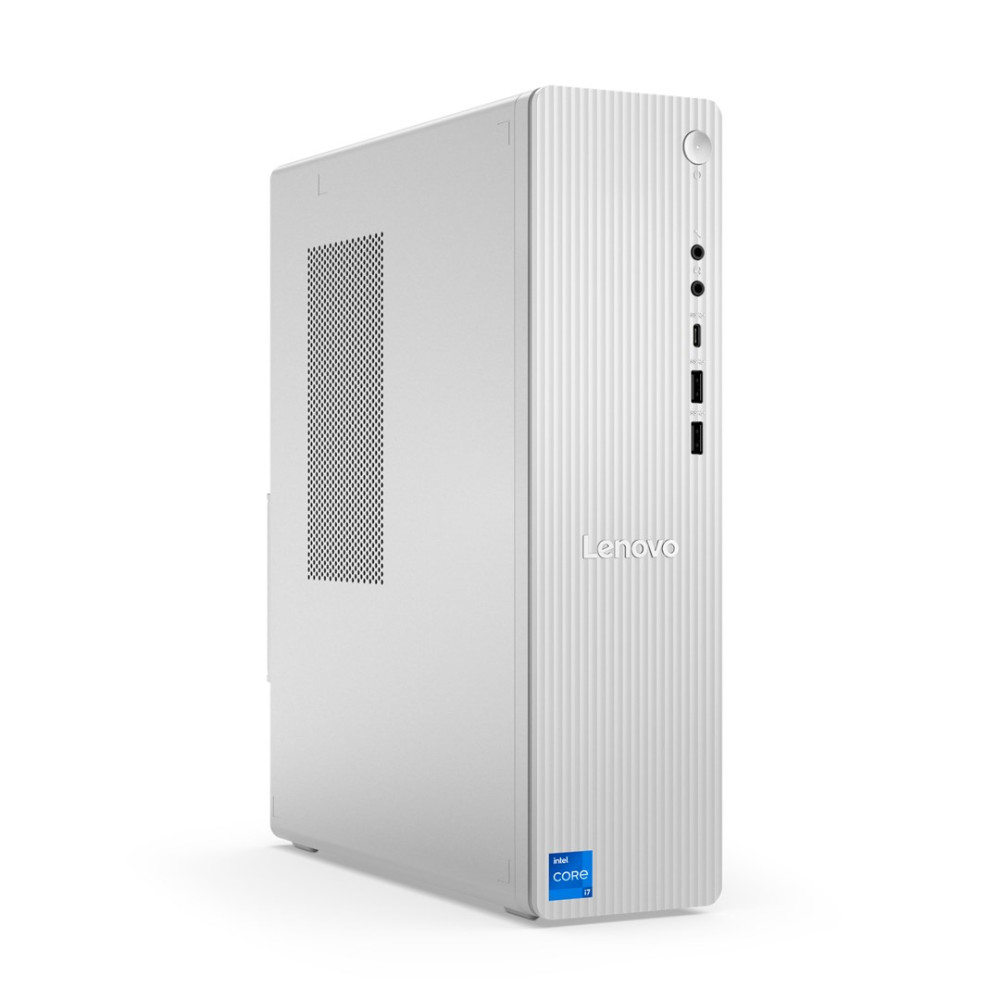 Biały komputer stacjonarny Lenovo z portami z przodu i logo Intel Core i7.