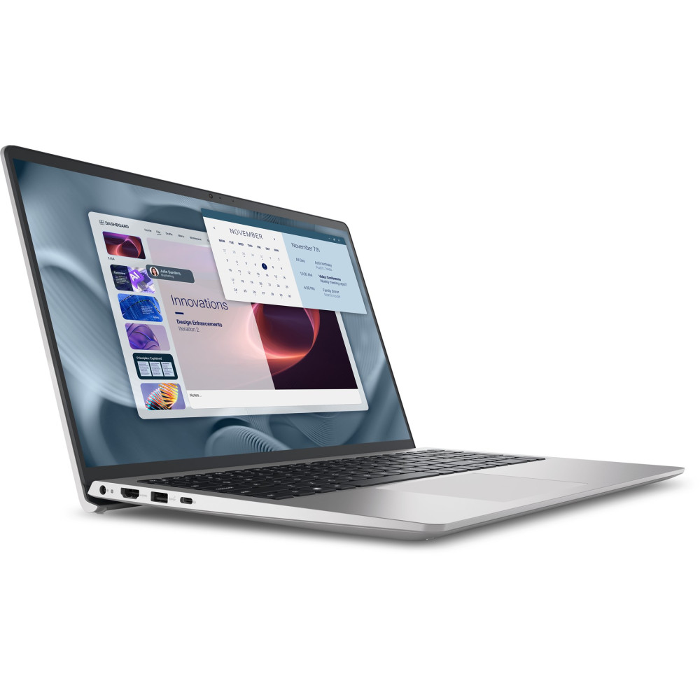 Srebrny laptop wyświetlający kalendarz i prezentacje na ekranie.