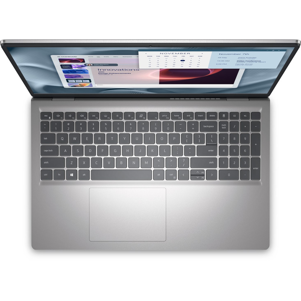Srebrny laptop z otwartym ekranem, klawiaturą i touchpadem.