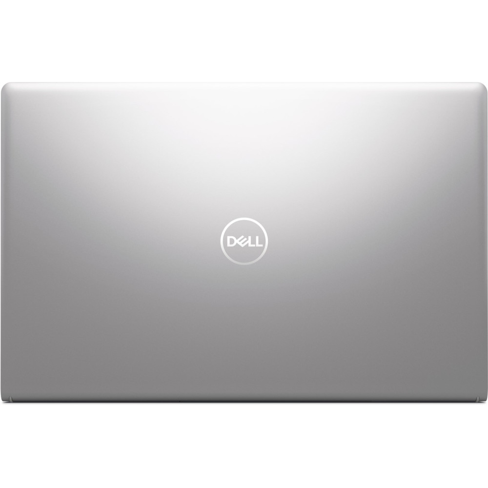 Zamknięty srebrny laptop Dell z logo pośrodku.