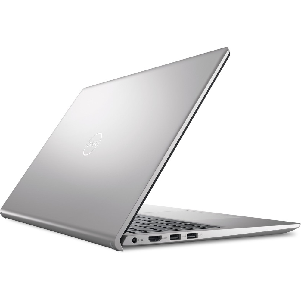 Otwarty srebrny laptop Dell z logo na pokrywie i portami z boku.