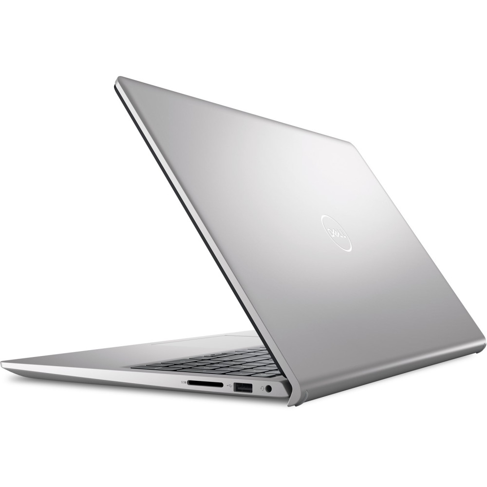 Srebrny laptop Dell, widziany od tyłu z lewej strony, z otwartym ekranem.