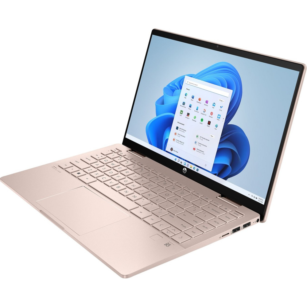 Złoty laptop HP z otwartym ekranem, wyświetlający system Windows 11.